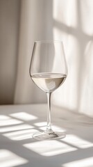 Fototapeta premium Elegant Glass of White Wine with Delicate Shadow Play on a White Table, Minimalist Still Life