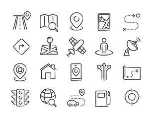 Navigation hand drawn doodle sketch style line icons