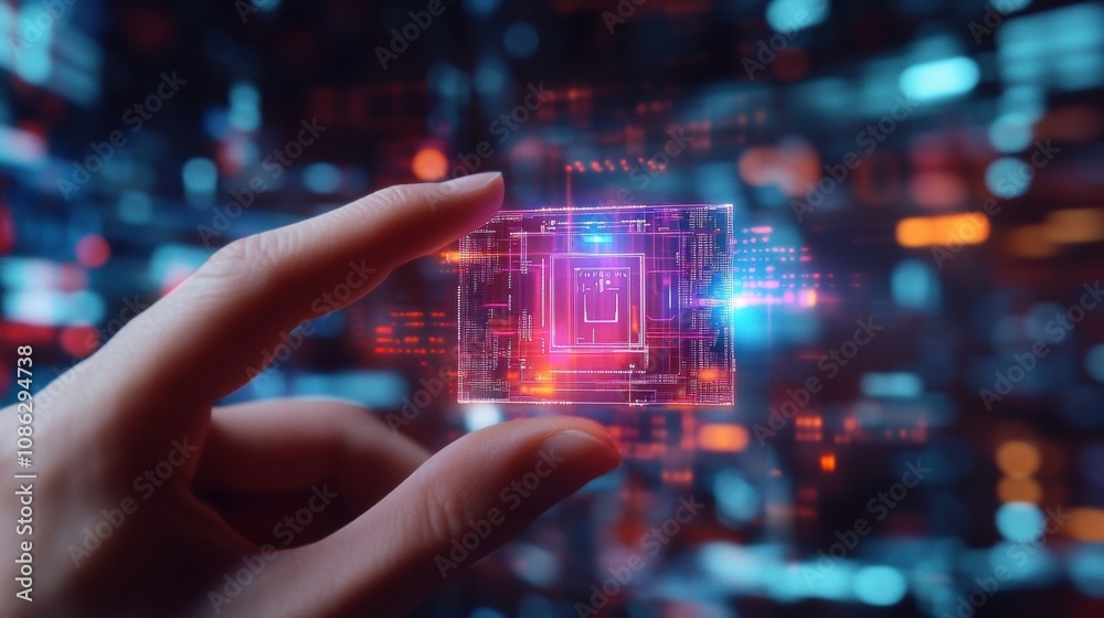 Aufkleber a hand grips a micro biochip featuring a holographic screen that presents various health metrics in 