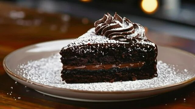 Chocolate fudge cake with Chocolate Frosting and Powdered Sugar, served on a Plate