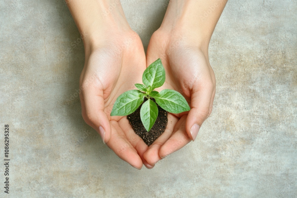 Poster carefully nurturing a young seedling, the hands provide support and warmth in a serene indoor settin
