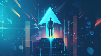 An entrepreneur standing atop a digital platform with a glowing upward arrow behind them

