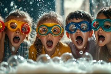A group of children gathered around a science experiment, all wearing colorful goggles and gasping in awe as foam erupts