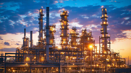 Illuminated oil refinery at night showcases a symphony of lights against a vibrant sky in twilight
