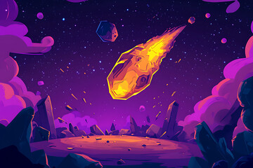 A vibrant cosmic scene featuring a fiery comet and asteroids in a starry sky.