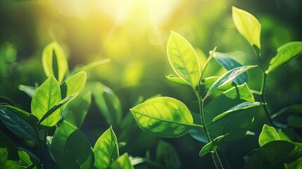 Fresh green leaves bathed in sunlight, a symbol of rejuvenation and growth