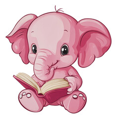 Obraz premium PNG Cute pink elephant reading a book happily