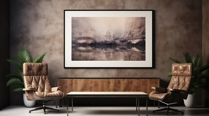 Minimalist interior with blank empty poster on wall, clean and elegant