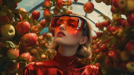 Stunning Young Female Model Wearing Futuristic Red Glasses in Lush Apple Orchard Full of Ripe Fruit