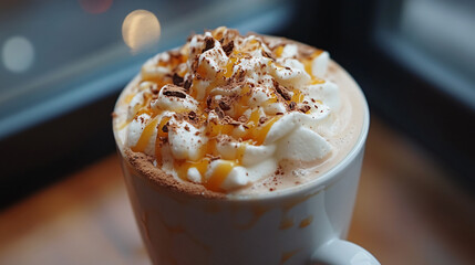 A decadent spiced hot chocolate with a mix of cinnamon, nutmeg, and clove, topped with whipped cream and a drizzle of caramel.