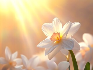 Obraz premium Sunlit white daffodil blossoms in field.