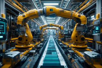 Fototapeta premium 3D Illustration-Automated Robotic Arms Factory Assembly Line