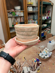 Handmade Ceramic Planter with Saucer in Art Studio