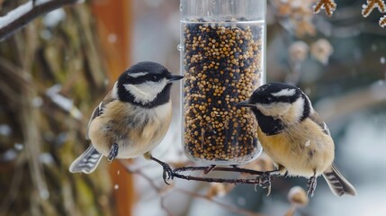 Naklejka premium Chickadees feeding a bird feeder in a backyard their small size and quick movements adding charm to the suburban scene