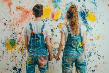 A couple painting a mural together, their hands and clothes splattered with bright paint, sharing a joyful kiss: A creative and playful expression of love.