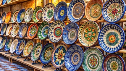 Fototapeta premium Traditional souvenir ceramic plates on stands at local shop in Krakow, Poland , souvenir, ceramic, plates, multicolored