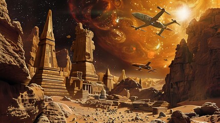 Flying space through region of ancient cosmic ruins spacefarers examine remnants of advanced alien civilization The cosmic adventurers study the artifacts and architecture for clues about its history