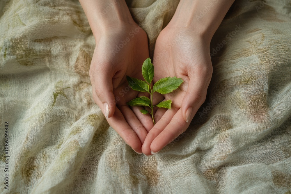 Poster tender hands support a small seedling, showcasing new growth and connection to nature in a peaceful 