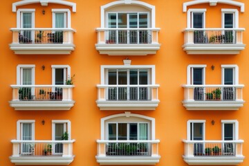 Obraz premium A bright orange building with balconies and windows.