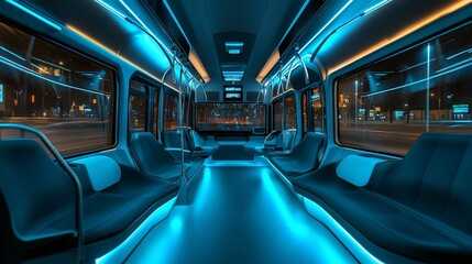 Fototapeta premium Futuristic bus interior at night, illuminated with blue LED lights.