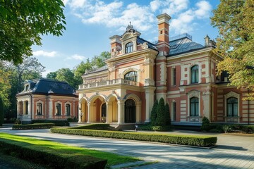 Obraz premium A grand, brick mansion with a symmetrical facade, large windows, and a porte cochere stands surrounded by lush green trees and manicured hedges.