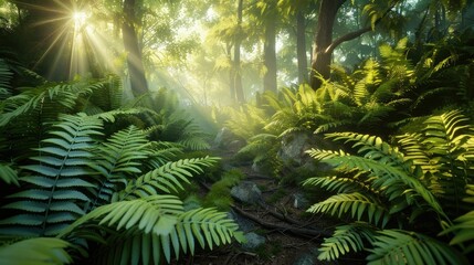Obraz premium Lush ferns in a mystical forest clearing, sunlight streaming through trees