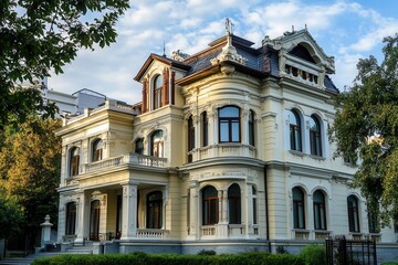 A grand, historic mansion with a  cream-colored facade, arched windows, and a slate roof.