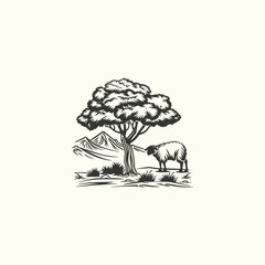Sheep under tree design vector vintage