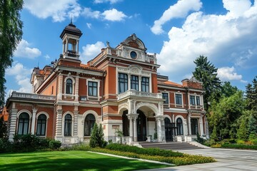 A grand mansion with a white and red facade, surrounded by lush greenery and a blue sky with clouds.
