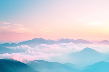 Fototapeta premium A panoramic view of a mountain range with soft, pastel-colored clouds at sunrise.