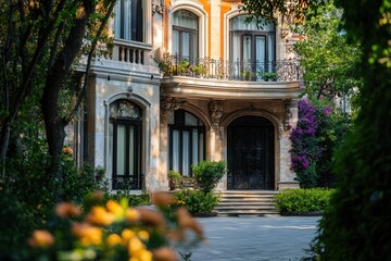 A grand mansion with an ornate entrance, surrounded by lush greenery.