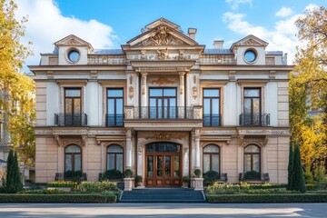 Fototapeta premium A grand, ornate mansion with a balcony and columns.