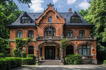 Fototapeta premium A grand, red brick mansion with a slate roof, arched windows, and a lush green lawn.