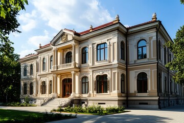 Fototapeta premium A grand, stately mansion with a symmetrical facade, featuring a large entrance, multiple windows, and a lush green lawn.
