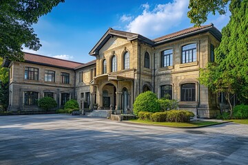 A grand stone building with a large front entrance and manicured gardens.