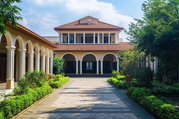 A grand, two-story mansion with a courtyard and lush landscaping.