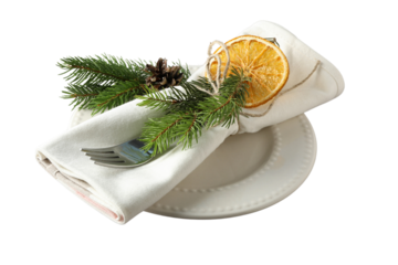 PNG, Christmas table setting, plate on table, isolated on white background.