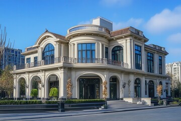 Fototapeta premium A grand white mansion with arched doorways and a balcony, surrounded by lush landscaping.