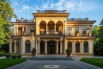 Obraz premium A grand yellow mansion with arched windows and a balcony, set against a backdrop of lush greenery.
