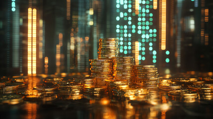 Digital stock ticker overlaid on a vibrant, cascading display of gold coins shining in a futuristic cityscape