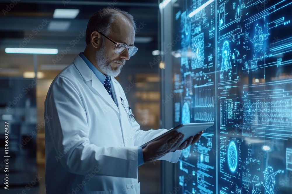 Aufkleber a doctor in a white coat examines digital medical data on a tablet in a high-tech hospital environme