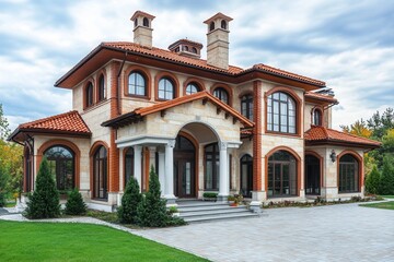 Fototapeta premium A large, luxurious home with a brick facade, multiple windows, and a tiled roof.