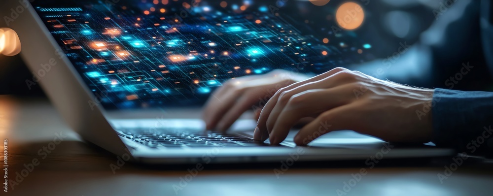 Aufkleber Business person using a laptop with hands typing, digital icons for data security and document management floating above, cuttingedge generative AI interface