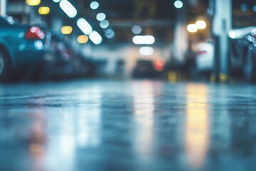 Fototapeta premium Empty parking lot floor with blurred cars and lights in the background.