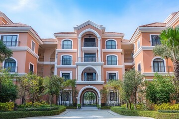 Fototapeta premium A large peach-colored building with arched entrances and a lush garden in front.