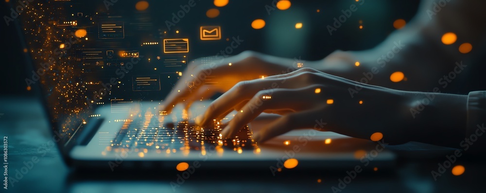 Leinwandbilder closeup of business person s hands typing on a laptop, digital icons for data protection and digital