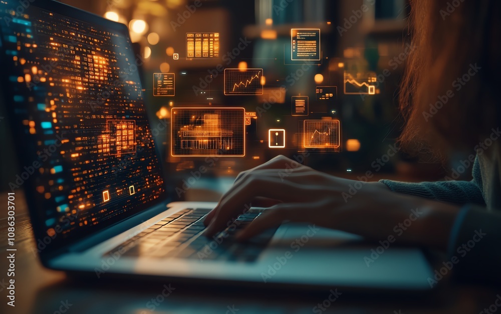 Poster Closeup of hands typing on a laptop, digital icons floating above, representing online document management and data protection, generative AI technology
