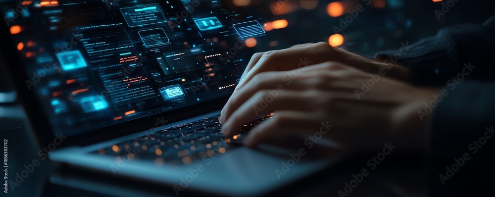 Aufkleber closeup of hands typing on a laptop, digital icons floating above, representing online document mana