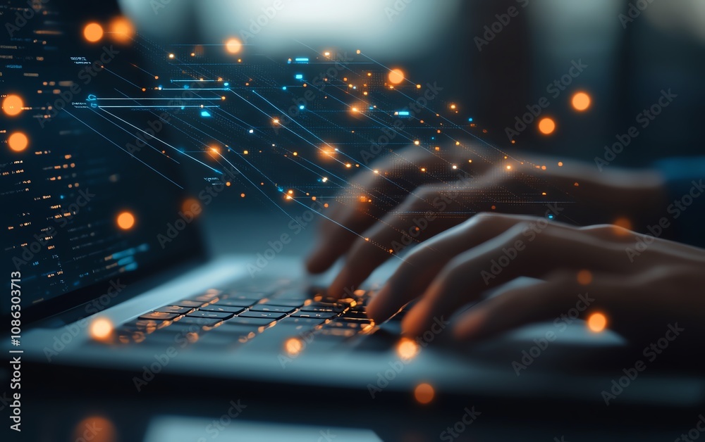 Poster Closeup of hands typing on a laptop, digital icons floating above, representing online document management and data protection, generative AI technology