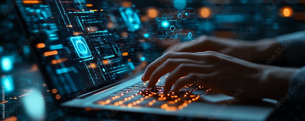 Fototapete Closeup of hands typing on a laptop, digital icons floating above, representing online document management and data protection, generative AI technology
